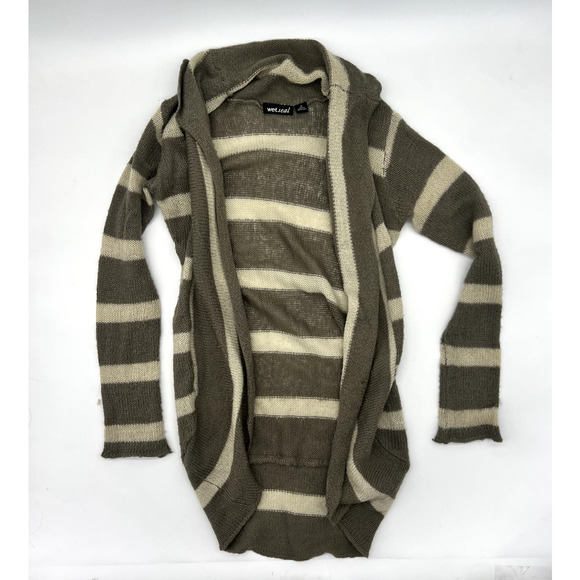 Wet Seal Tan Cream Striped Long Cardigan Sweater - Picture 2 of 7